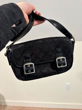 Coach like Black Signature Canvas Shoulder Bag with Silver Buckles (not real)